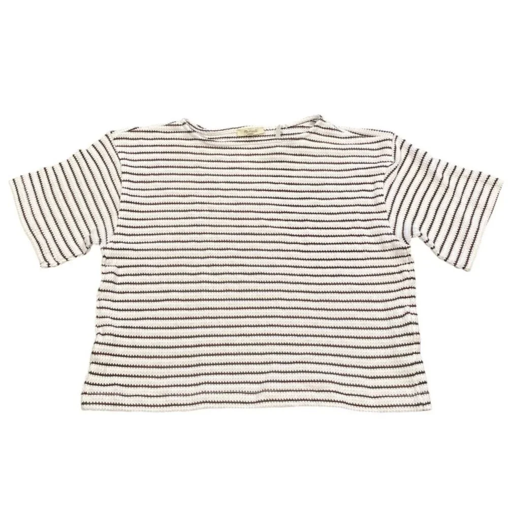 NWT Madewell Women's Sz XS Embroidered Boxy Knit Tee in Stripe Cream Brown NV988 - Picture 2 of 9